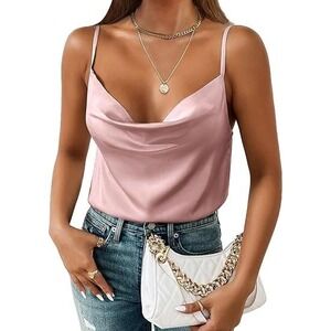Aoulaydo Women's Large Spaghetti Straps Satin Camisole Cowl Neck Cami Tank Top‎